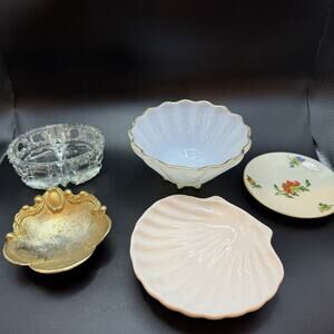 Vintage Trinket Dish Lot 5 Decretive Ceramic Milk Glass Brass Trinket Dishes